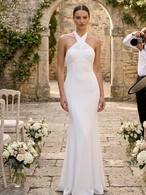 New Lulus Elegant White Fitted Halter Sheath Dress Sz Large